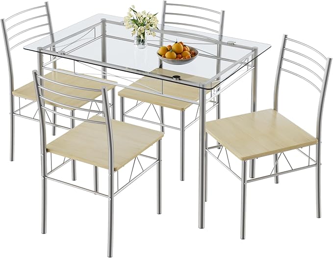 VECELO Dining Table Set for 4, 5-Piece Glass Kitchen Table