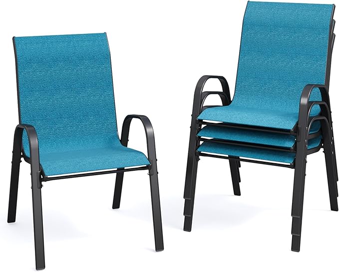 Patio Dining Chairs Set of 4, Stackable Dining Chairs High Back, Breathable Seat Fabric and Alloy Steel Frame Fit Backyard, Porch, Lawn，Poolside (Sky Blue)