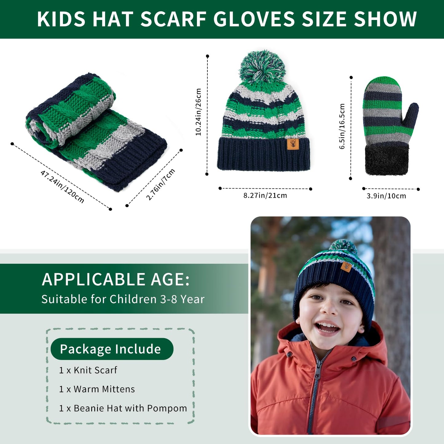 Boys Winter Hat Scarf and Gloves Set for Kids Warm Knitted Hat Mittens and Fleece Neck Warmer Scarf Set for Boys Girls 3pcs