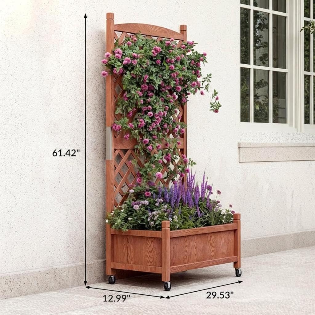 IDEALHOUS Large Raised Garden Bed with Trellis & Wheels, 61" Wooden Mobile Planter Box with Drainage Hole, Freestanding Vertical Planter for Outdoor Indoor Patio Lawn Herbs Flowers Vegetables, 2 Pack