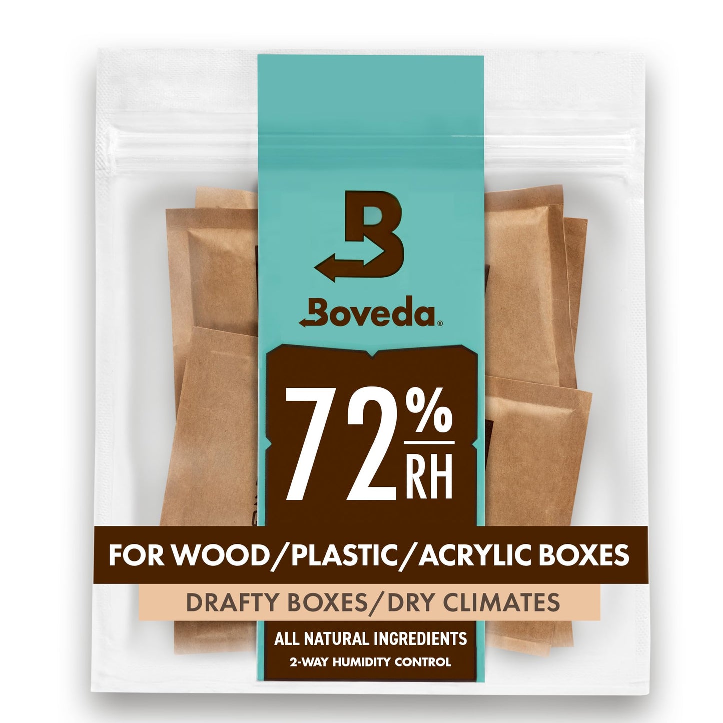 Boveda 72% Two-Way Humidity Control Packs For Wood Containers – Size 60 – 4 Pack – Moisture Absorbers – Humidifier Packs – Hydration Packets in Resealable Bag
