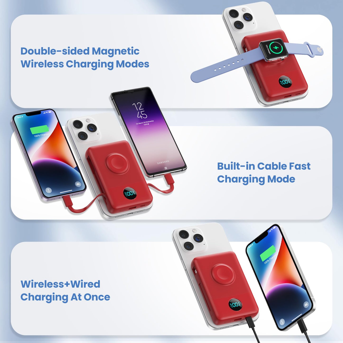 Magnetic Portable Charger for iPhone with Built-in Cables, 6-in-1 10800mAh Power Bank with iWatch Charger & LCD Display,25W PD Fast Charging Battery Pack for Magsafe,iPhone 16/15/14/13/12,Apple Watch