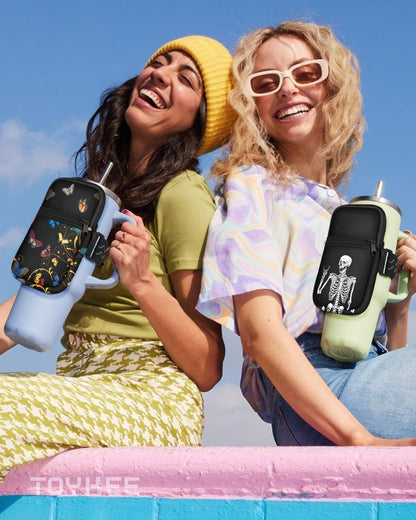 Water Bottle Pouch Backpack For Stanley Quencher Cup - Black Skeleton Print 40 30 oz Tumbler Bag Purse Pack Wallet For Phone Keys Gym Accessories