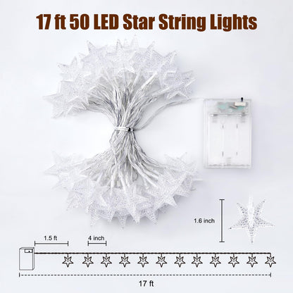 Minetom Star String Lights Battery Operated - 17 ft 50 LED Star Fairy String Lights with Timer, Waterproof for Indoor Bedroom Tent Loft Bed Patio Party Wedding Ramadan Decorations, Warm White