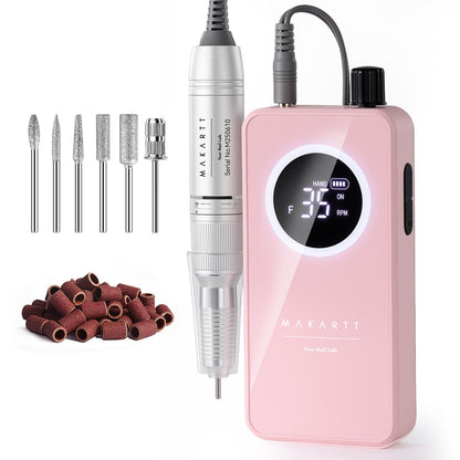 Makartt Nail Drill Professional: 60W 35000RPM Electric Nail File with Coreless Motor, 2 in 1 Desktop & Portable, Drill Bits and LCD Display for Acrylic Gel Nails, Nouvella Pink