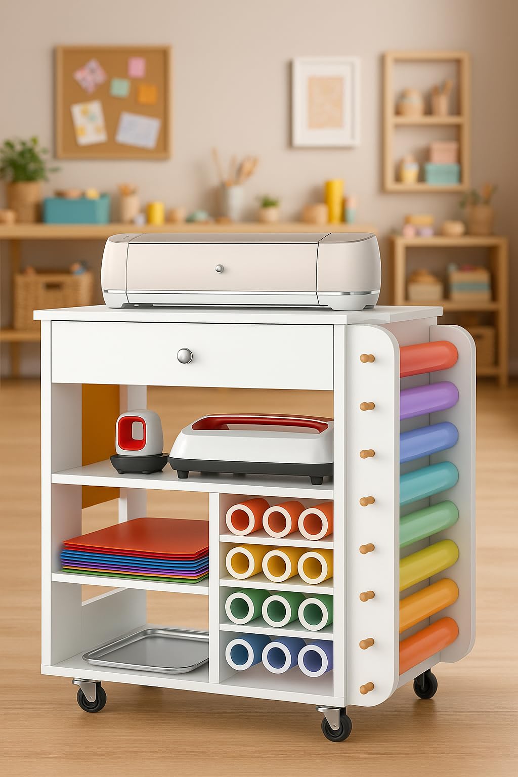 Craft Organizers and Storage Table Compatible with Cricut Machine, VDamu Crafting Cabinet Cart with Vinyl Roll Holder for Craft Room Home Office