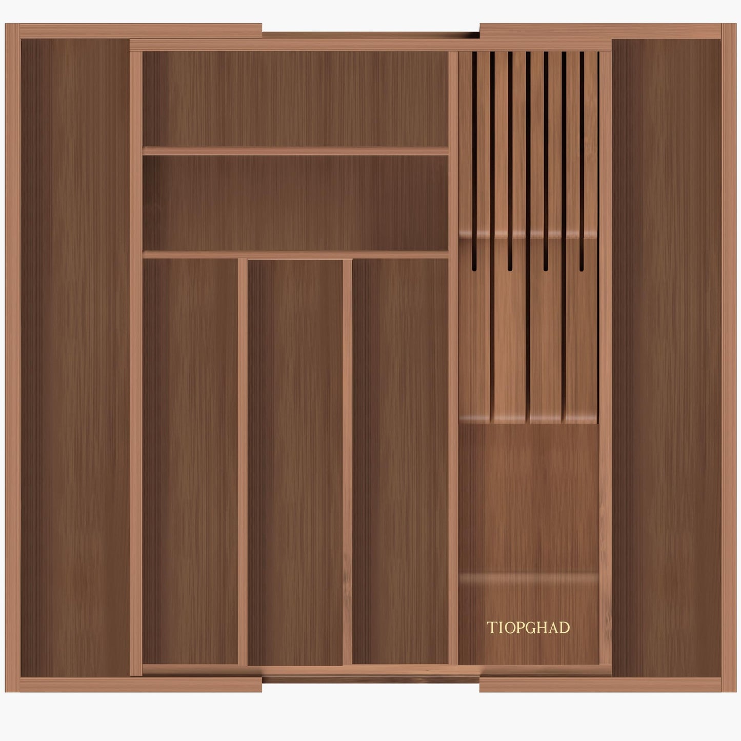 TIOPGHAD Bamboo-Silverware-Drawer-Organizer-Kitchen, Expandable Utensil Holder Cutlery Tray Flatware Organization Adjustable Wood Tableware Dividers Storage (with Removable Knife Block)(Brown)