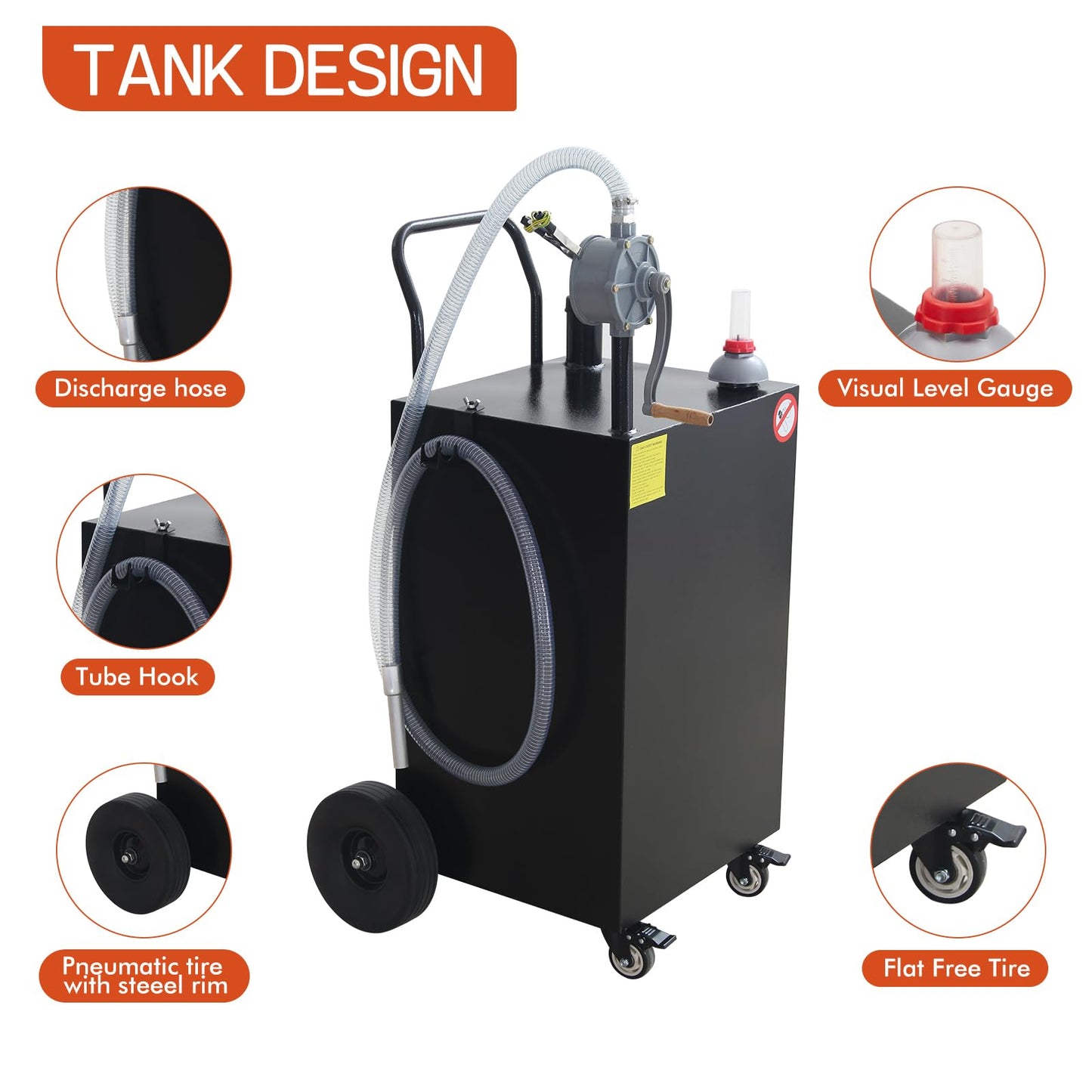 45 Gallon Gas Caddy Gasoline Diesel Can Hand Siphon Pump With Rolling Flat-Free Solid Rubber Wheels(Black)