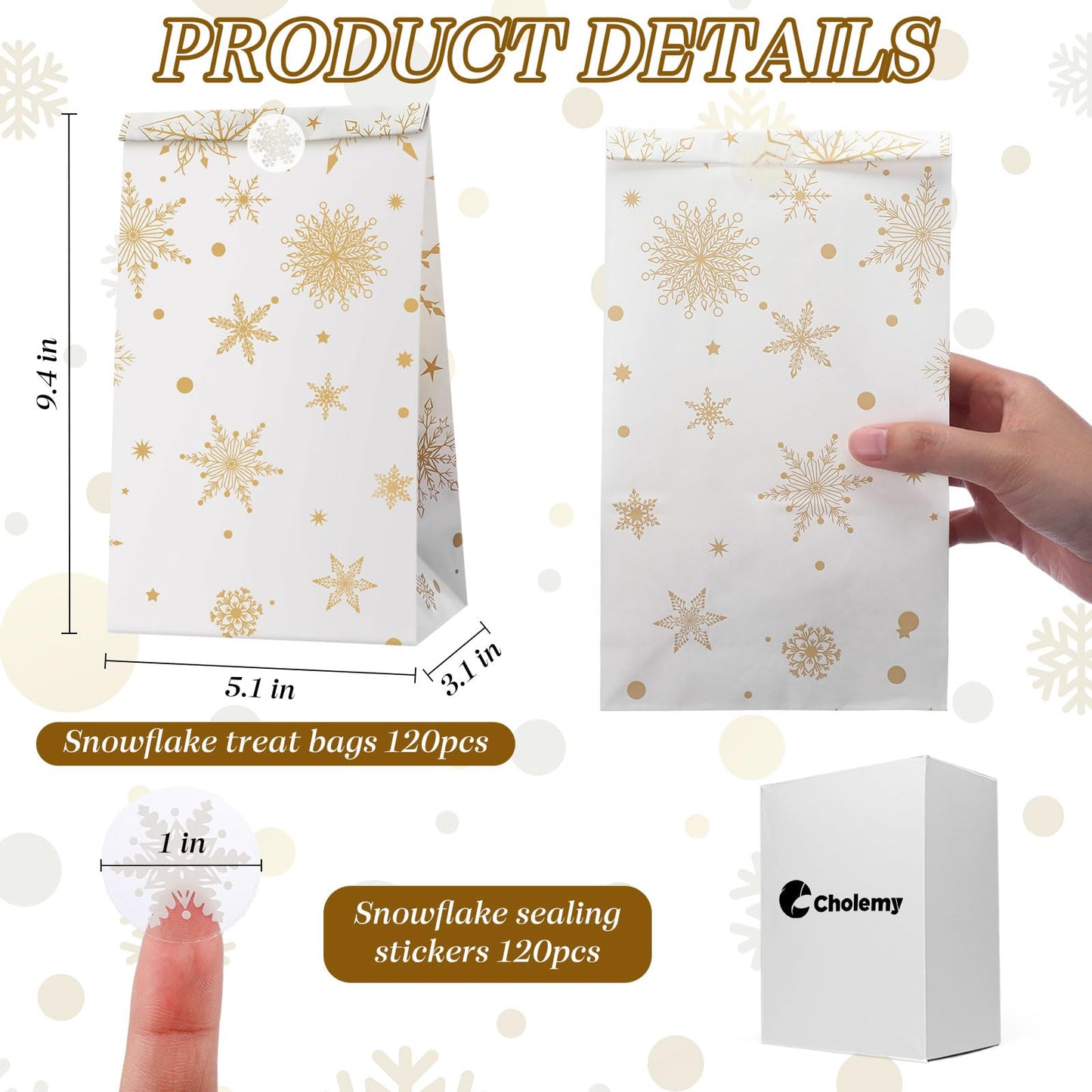 Cholemy 120 Set Winter Christmas Snowflake Gift Bags with Snowflake Sealing Stickers Winter Paper Goodies Treat Cookie Snack Bags for Xmas Holiday Party Favors