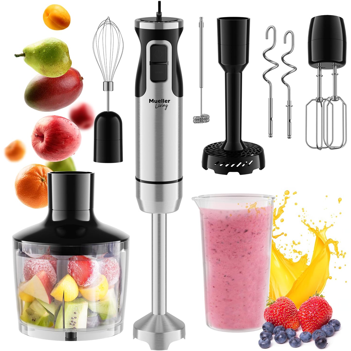 Mueller Immersion Blender Handheld - 8 Speed Stainless Steel Electric Hand Blender, 3 in 1 Emulsion Blender Handheld with Turbo Mode, Stick Blender Emulsifier for Kitchen for Soup, Smoothie, Puree
