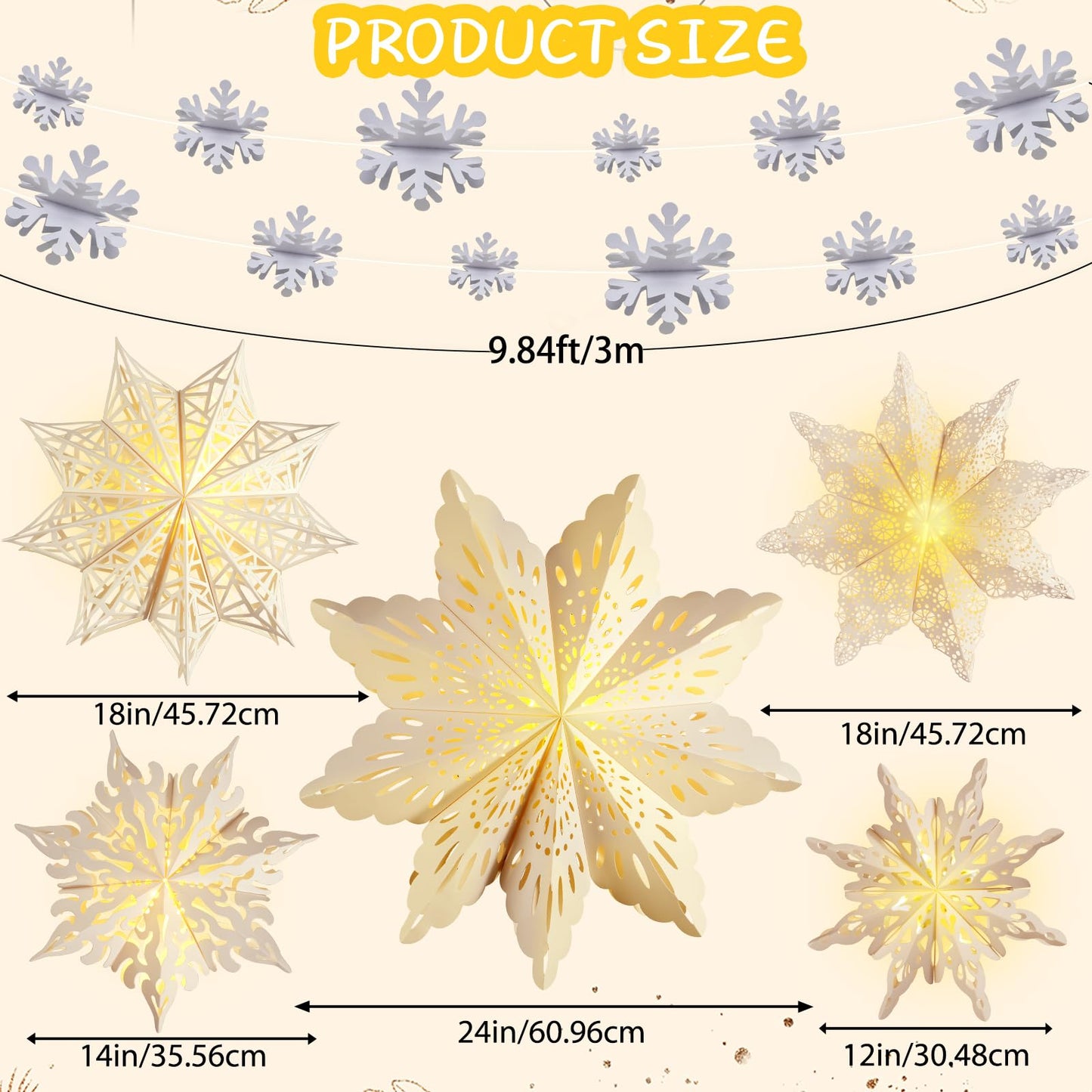 5Pcs Christmas Paper Snowflake Lanterns, Large Christmas Paper Star Lanterns with Lights & Banner White Hanging Snowflake Lamps for Xmas Winter Frozen Weddings Birthday Holiday Party Decorations