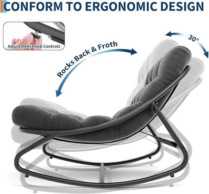IDEALHOUSE Outdoor Rocking Chair with Metal Frame, Adjustable Papasan Rocker, Waterproof Comfy Cushion, 450lbs Capacity, for Patio, Porch, Garden, Living Room, Dark Grey