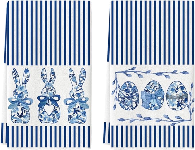 Artoid Mode Blue Stripe Rabbit Bunny Eggs Easter Kitchen Towels Dish Towels