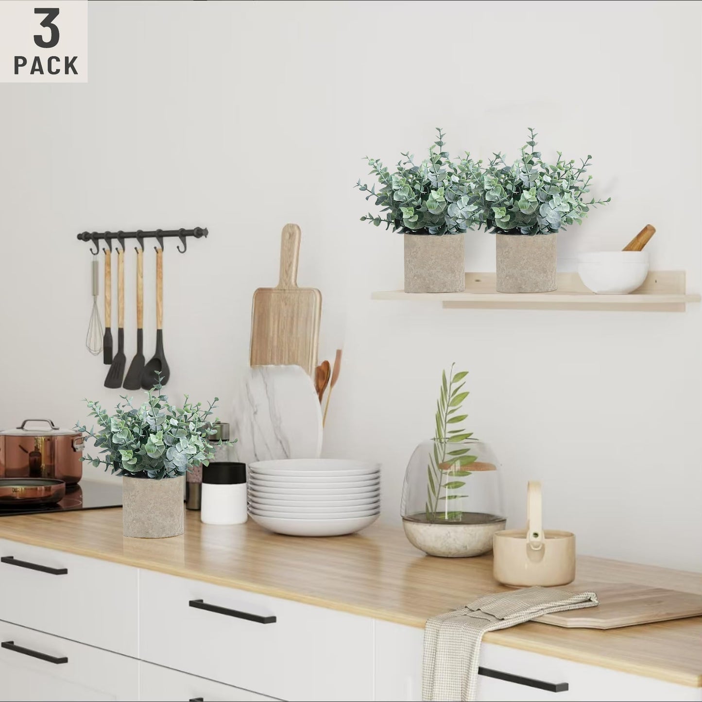 MIXROSE 3 Pack Eucalyptus Fake Plants in Pot, Artificial Plants Indoor Greenery Small Faux Plants for Bathroom Shelf Room Desk Home Office Coffee Table Farmhouse Decor