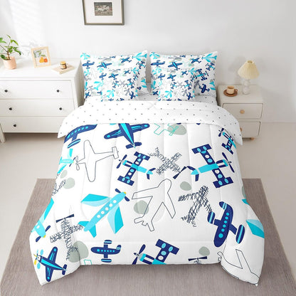 Erosebridal Kids Airplane Twin Bedding Set 7-Piece Aircraft Bed in A Bag with Sheets for Kids Boys Teens Aviation Theme Cartoon Comforter Set Teal Blue Airplanes Bedding Comforter Sets