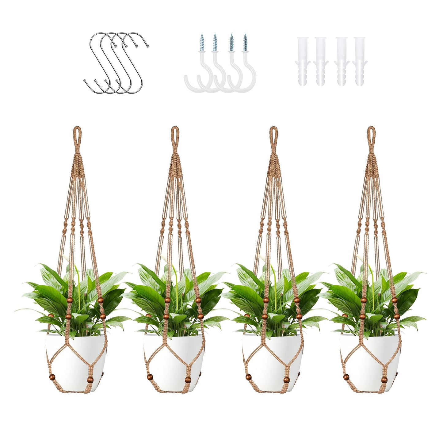 LEWESU Jute Macrame Plant Hanger Indoor Set of 4 Hanging Planter Basket Flower Pot Holder with Decorative Wood Beads & No Tassels for Indoor Outdoor Boho Home Decor, 35 Inch Brown (Pots Not Included)