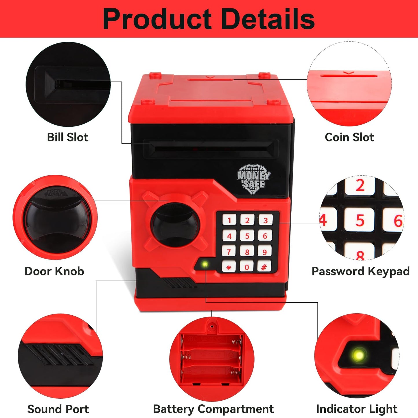 Pup Go ATM Money Box for Girls, Auto Scroll Paper, Password Code Lock Piggy Bank, Cash Coins Saving Box for Kids Age 3 4 5 6 7 8, Perfect Toy Birthday Gifts for Children(Red)