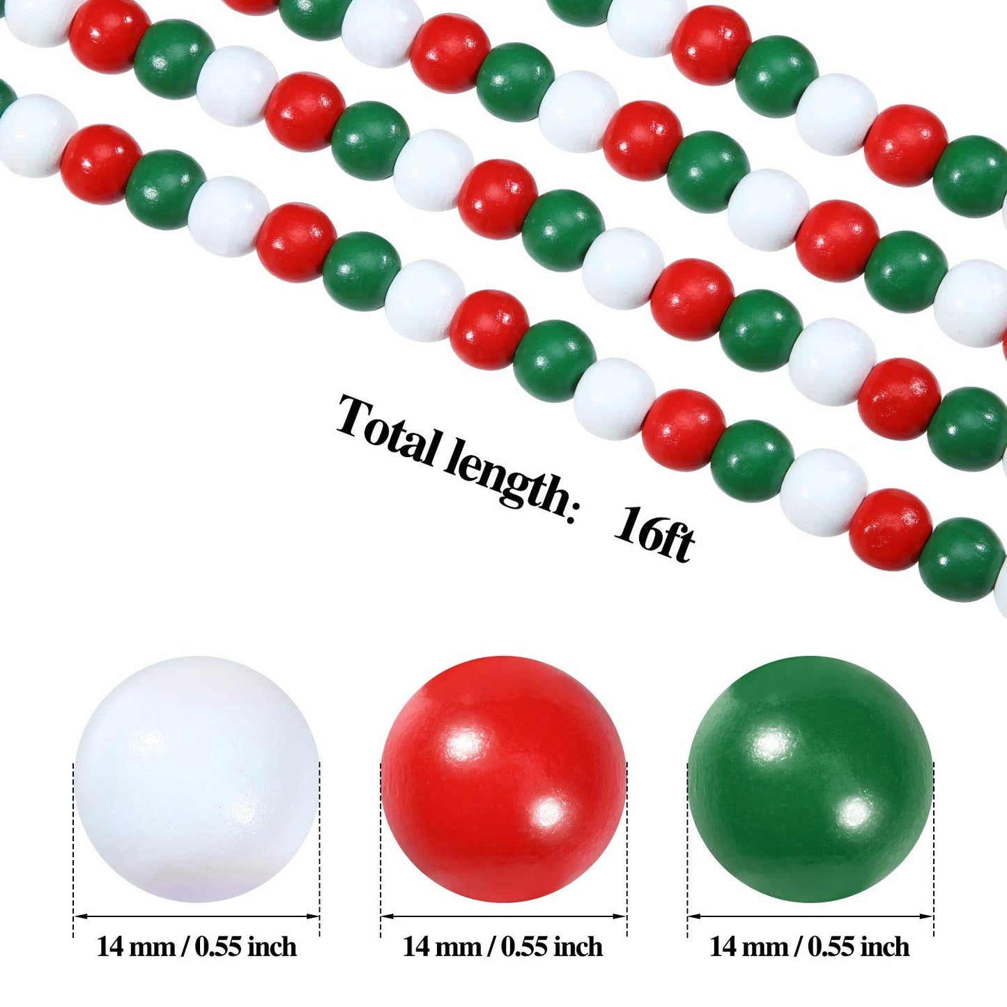 Hicarer 16 Feet Christmas Wooden Bead Garland Christmas Wood Bead Garland Decor Xmas Candy Cane Decoration Farmhouse Rustic Tree Decoration for Holiday Party(Mixed Red, White, Green)