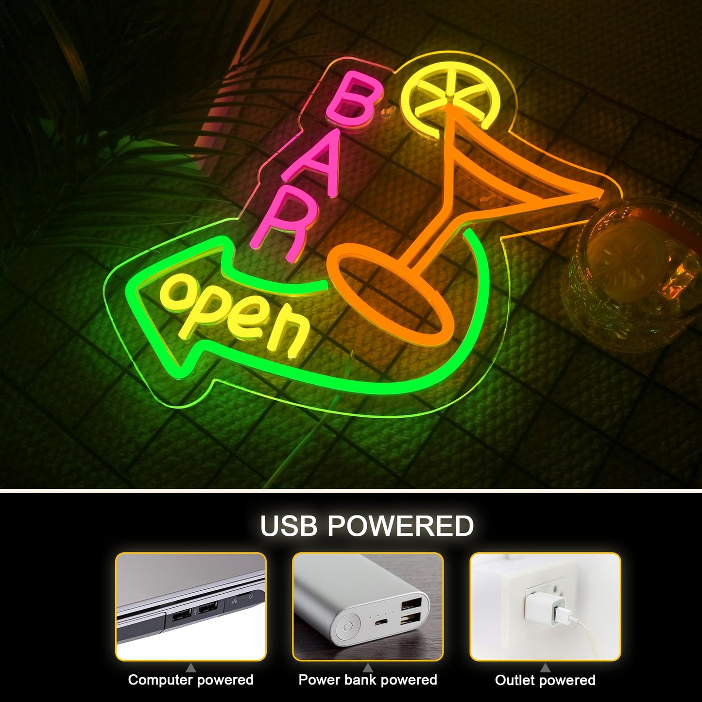 NOSUN Bar Open Neon Sign Dimmable LED Cocktail Neon Lights Signs for Wall Decor Neon Open Sign Open Light Bar Sign for Business Pub Store Man Cave Party Club Restaurant Art Wall Decor Gift