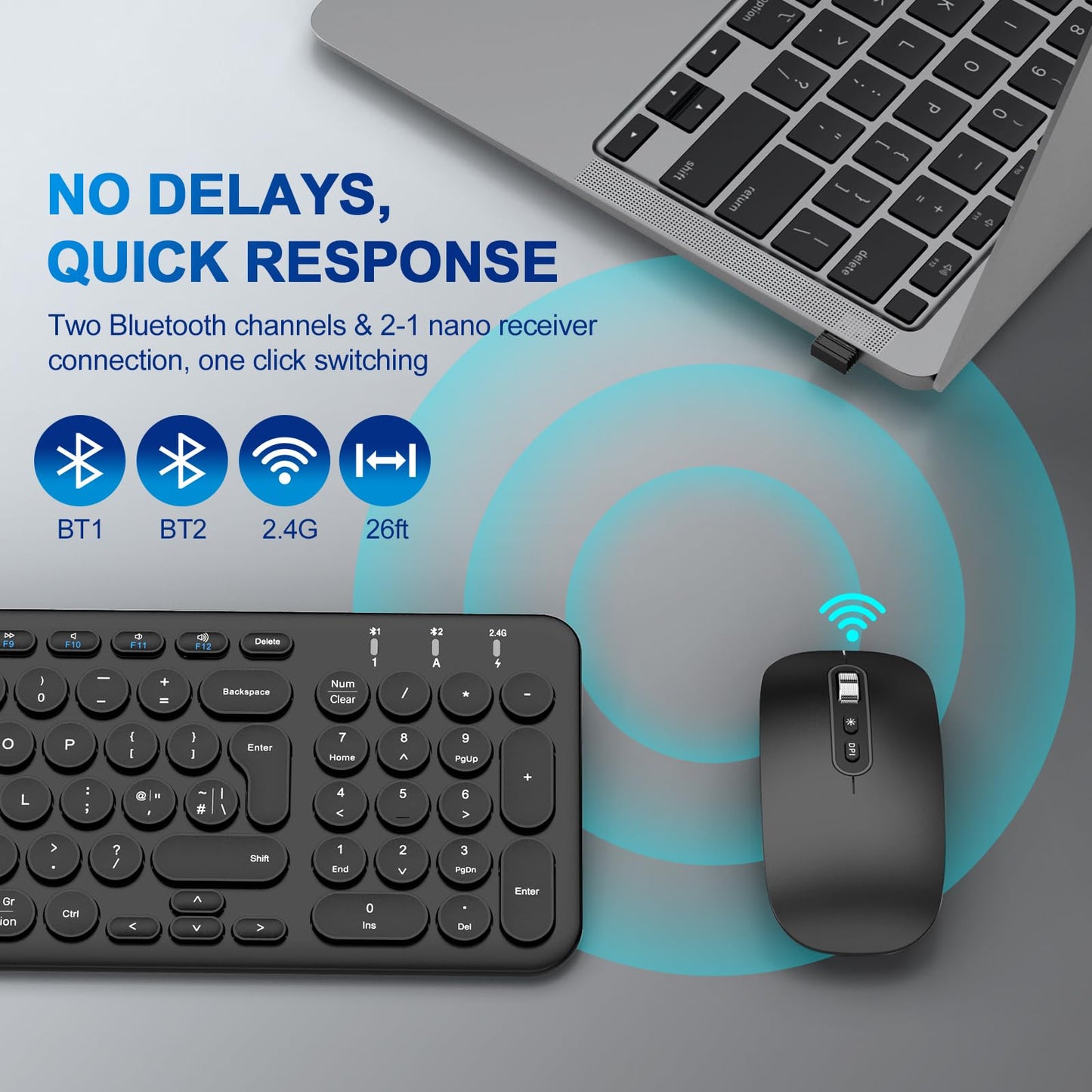 Wireless Keyboard Mouse Set, Rechargeable Quiet Design, Bluetooth & 2.4G Wireless Dual Connection, Easy Setup, QWERTY UK Layout, Computer Keyboard Mouse Combo for Windows PC Laptop Desktop - Black