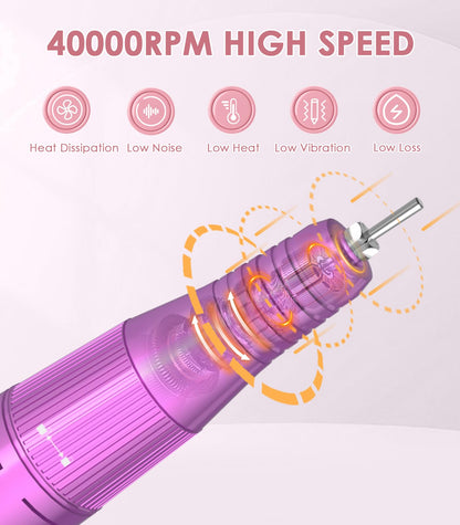 Portable Nail Drill Electric File: 40000RPM Professional Rechargeable Nail E-File Machine, Cordless Nail Drill with Bits & Base for Acrylic Nails Remove Nail Gel Polish Manicure for Salon Home, White