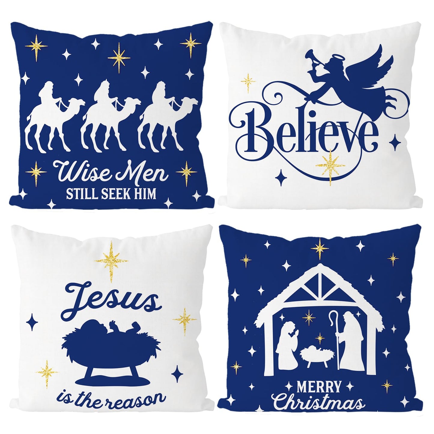 GAGEC Christmas Pillow Covers 18x18 Inch Set of 4 Nativity Religious Pillow Case Blue and White Christmas Xmas Winter Home Decor Living Room House Decorative Cushion Case for Sofa Couch