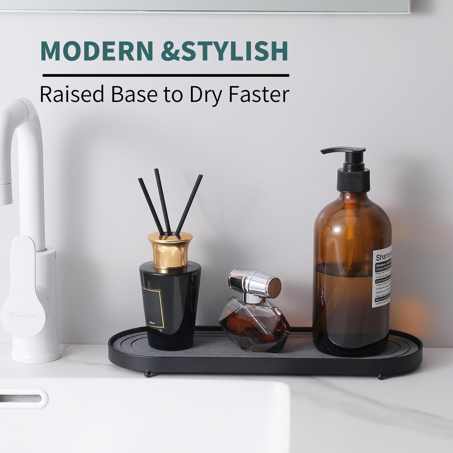 Water Absorbing Stone Tray, Fast Drying Diatomite Stone Kitchen Sink Tray Coasters, Bathroom Tray,Sink Organizer,Bathroom Counter Tray,Tray Hand Soap Dish & Holders (Black)