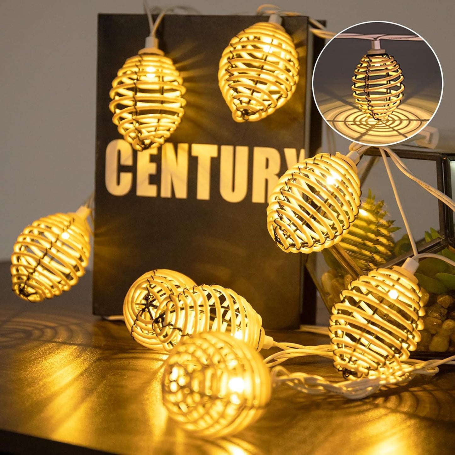 Vigdur Rattan Ball String Lights - 10FT Lantern String Lights Plug in with 10 Led Bulbs, Decorative String Light for Indoor Outdoor Balcony Patio Garden Wedding Bedroom Decor
