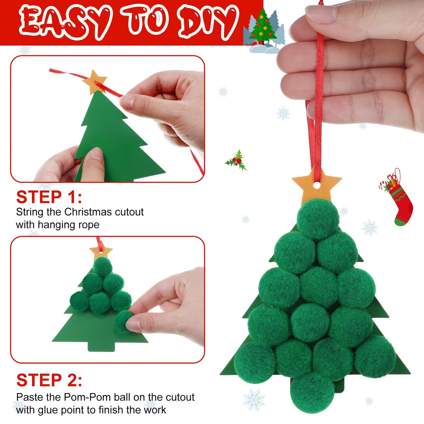 Realspring 24 Sets Christmas Pom-poms Craft Kit DIY Pom Pom Ornament Craft Bulk Christmas Tree Snowman Stockings Santa Wreath Candy Canes Xmas Poms Decor Fun Home Activity Classroom Party
