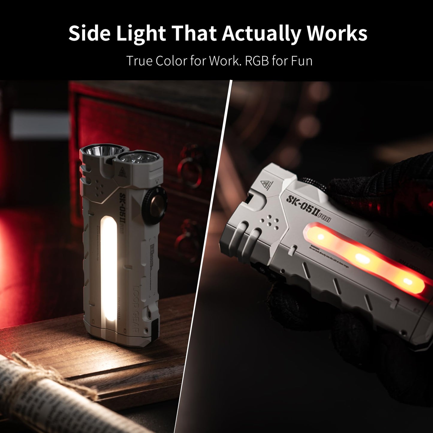 LOOP GEAR SK05 Pro 2 Mao Flat EDC Flashlight, 5000LM Rechargeable LED Flash Light with Spotlight & Floodlight, High-CRI Sidelight + RGB, Dual 4000mAh Replaceable Batteries, IP68 & Magnetic (White)