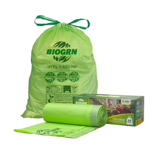 10-13 Gallon Compostable Trash Bags Drawstring 30 Bags Heavy Duty Extra Thick 1 Mil 49.21 Liter Tall Kitchen Food Scrap Waste Compost Bags Green ASTM D6400 US BPI and OK Compost Home Certified