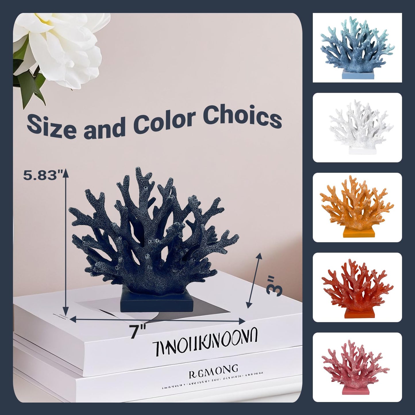 Elegondrar 5.8" H Dark Blue Coral Decor - Resin Coral Statue, Nautical Decor for Home, Bedroom, Bathroom, Living Room, Ocean Themed Cabinet Shelf Tabletop Decoration