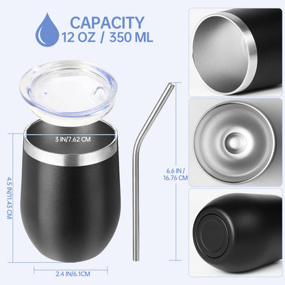 Volhoply 12oz Stainless Steel Wine Tumbler with Lid Bulk 24 Pack,Double Wall Vacuum Stemless Wine Glasses,Reusable Metal Travel Coffee Mug with Straw,Insulated Cups Gifts for Christmas（Black,24 Set）