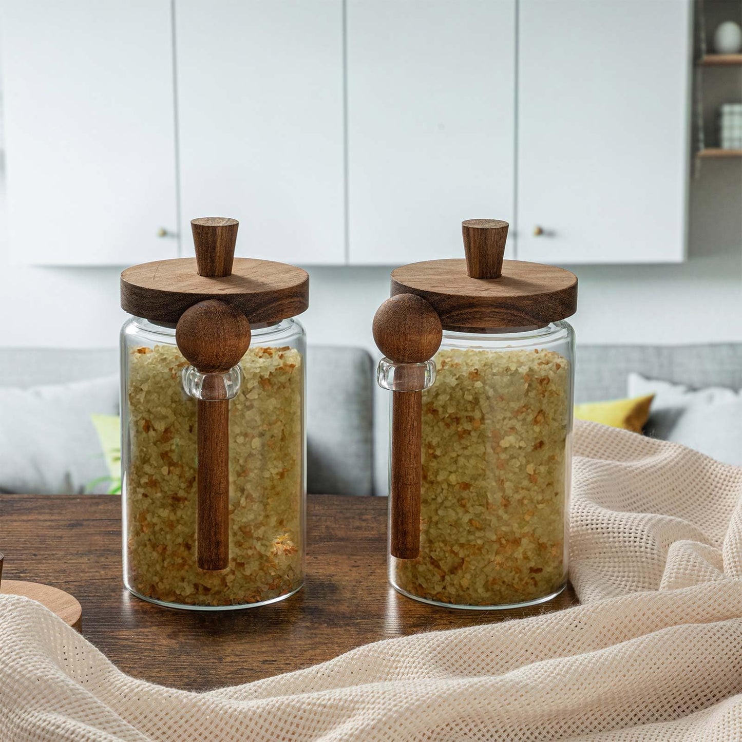 Suclain 2 Set 26 oz Glass Bath Salts Jar with Wooden Lids and Scoop Bath Salt Container Food Airtight Storage Containers for Sugar Coffee Bean Candy Spice