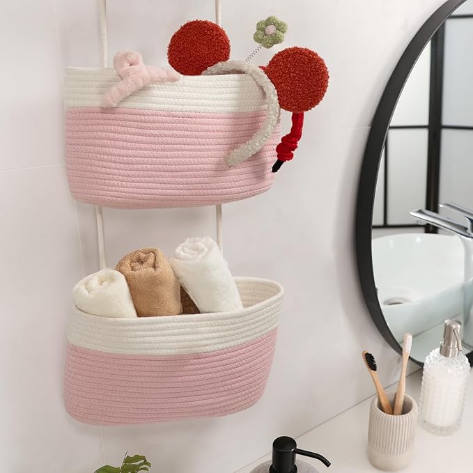 TeoKJ Over the Door Organizer, 3-Tier Woven Cotton Hanging Kitchen Baskets