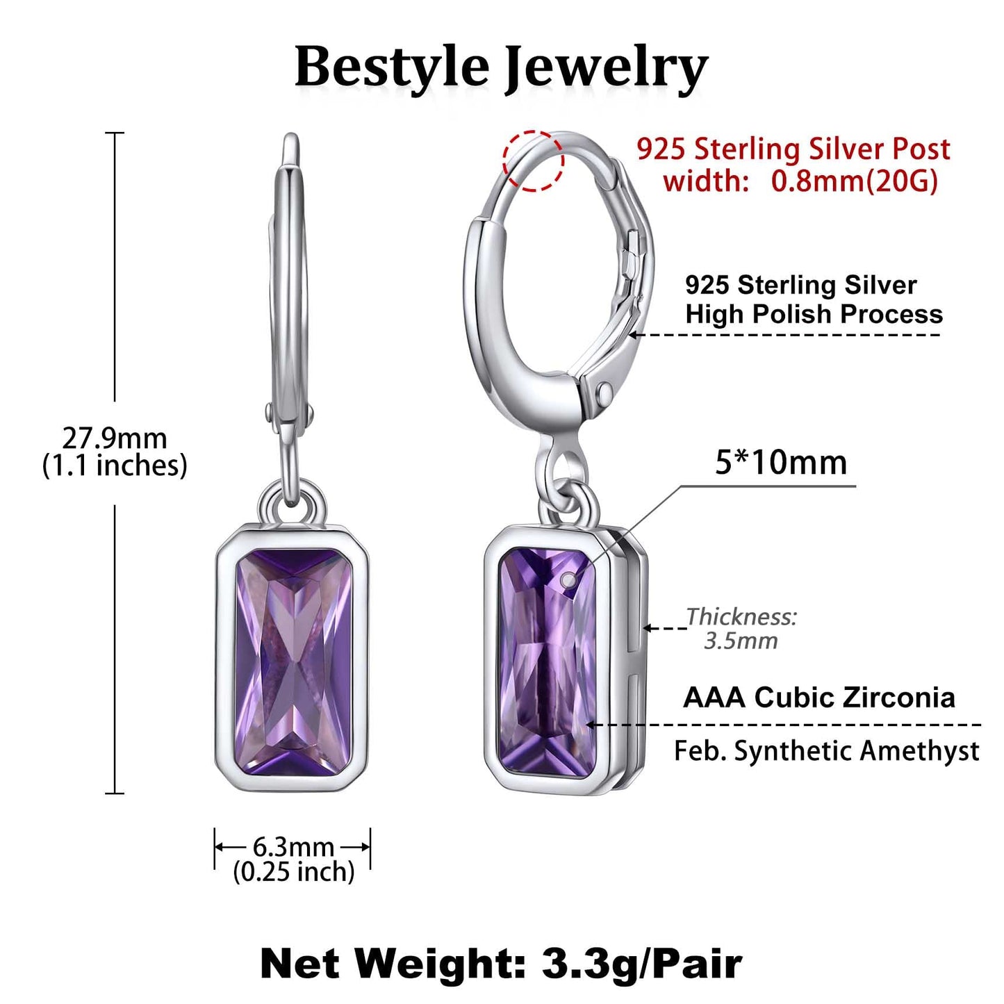 Bestyle Silver February Birthstone Dangle Earrings - Amethyst Crystal Drop Baguette Earrings for Women - Dainty Cute Small Silver Huggie Hoop Dangle Earrings for Birthday Wedding Party Gowns