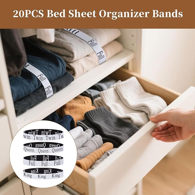 20PCS Bed Sheet Organizer Bands, Storage Labels and Sheet Keepers