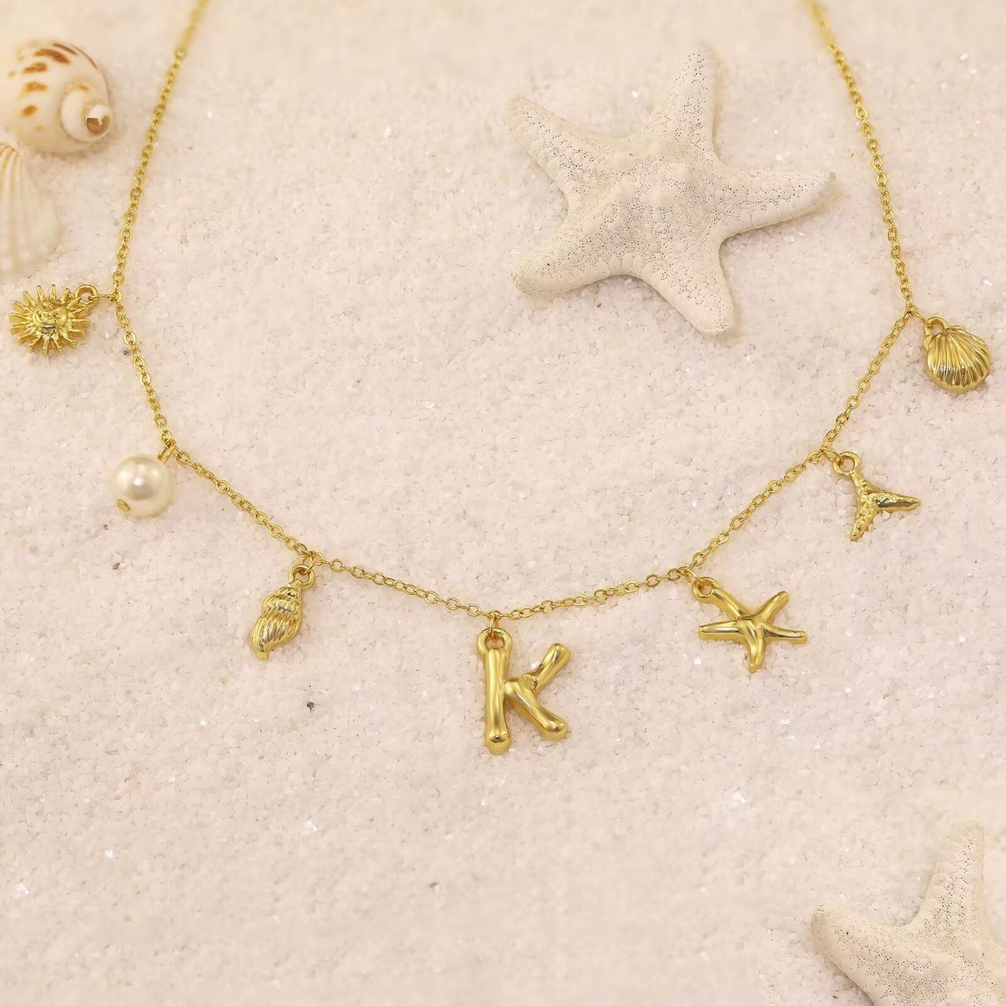 JALZEMPL Initial Charm Necklace For Women Shell Seashell Summer Beach Letter 14K Gold Plated Pendant Starfish Surfer Boho Jewelry Gifts (A)