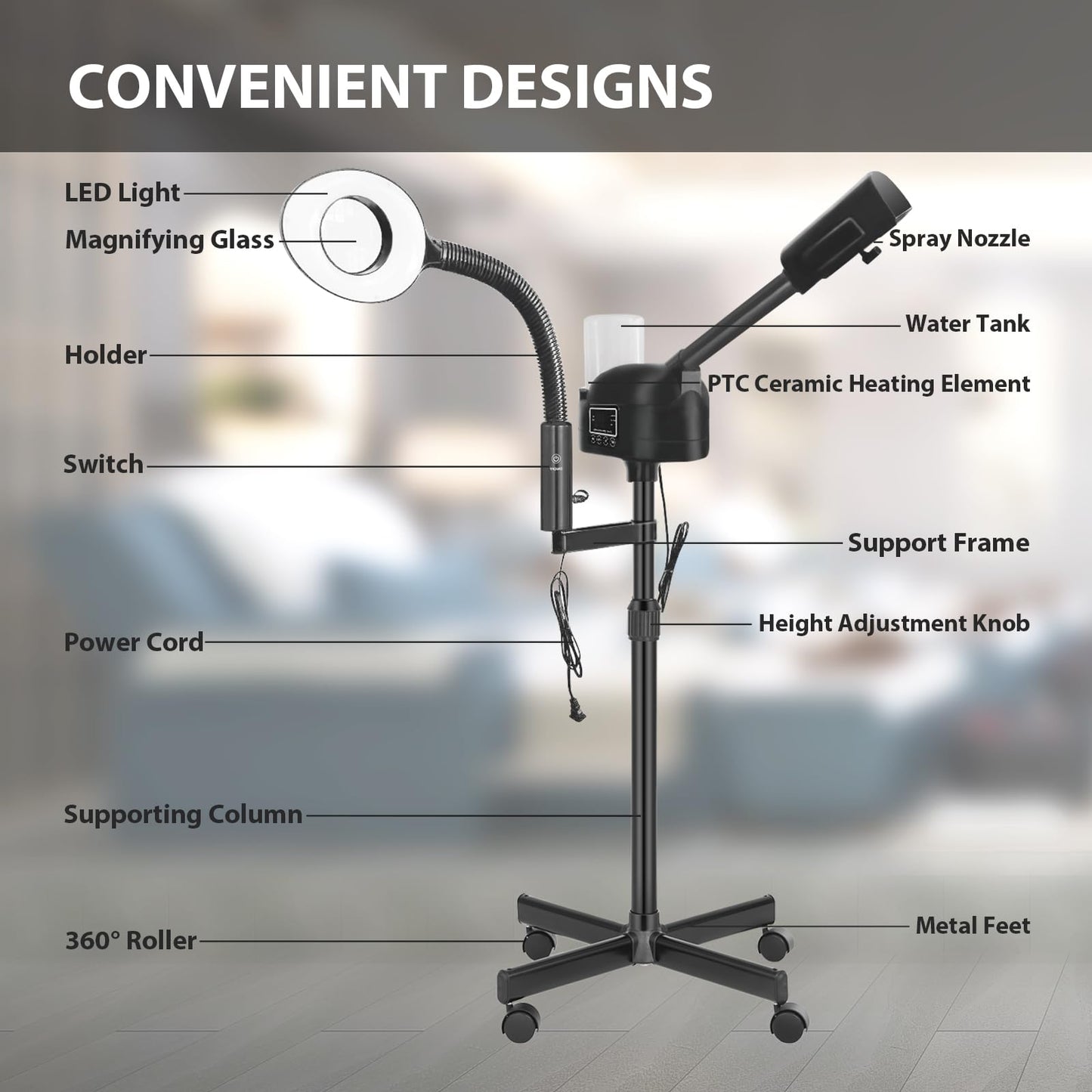 Professional Facial Steamer 3 in 1 Steamer for Face with Hot & Cold Nozzle 5X LED Magnifying Lamp Facial Steamer for Esthetician Beauty Face Equipment Use at Home or Salon