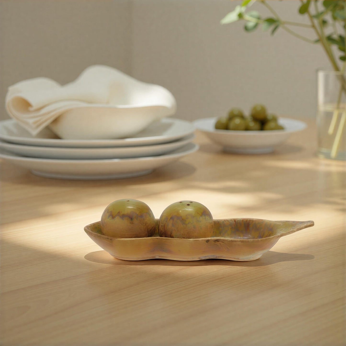 Creative Co-Op Stoneware Pea Shaped Salt & Pepper Shaker Set