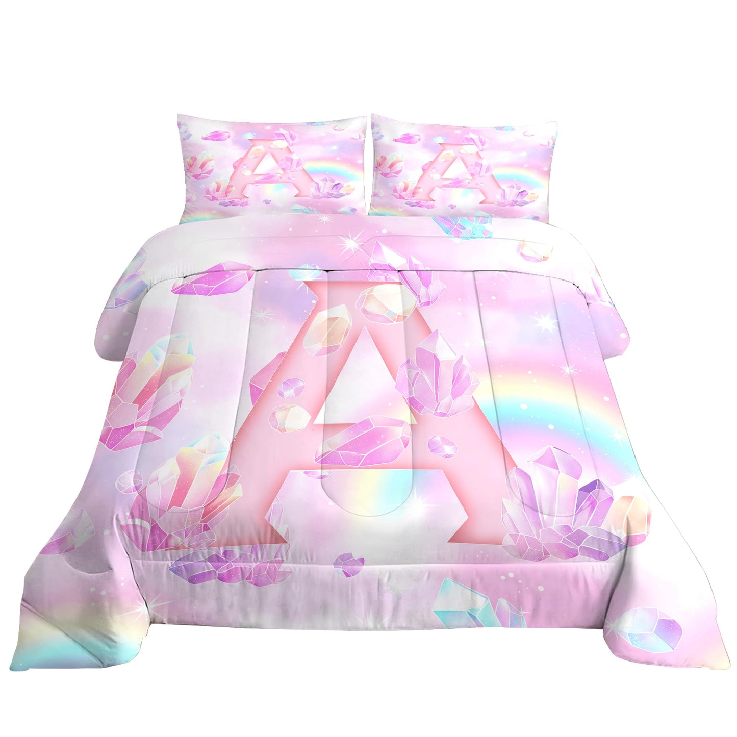 VTKON Pink Crystal Comforter Set for Kids Girls Full Size 3 Piece Initial Letter A Bedding Set Glitter Rainbow Alphabet Bed Sets Sparkle Gemstone Bedroom Decor with 2 Pillow Cases