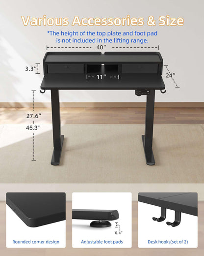 YIHAYO Electric Standing Desk with Drawers, 40 x 24 Inches Adjustable Desk with Storage Shelf, Stand Up Desk with Splice Board, Computer Desk for Home Office, Black Frame/Black Top