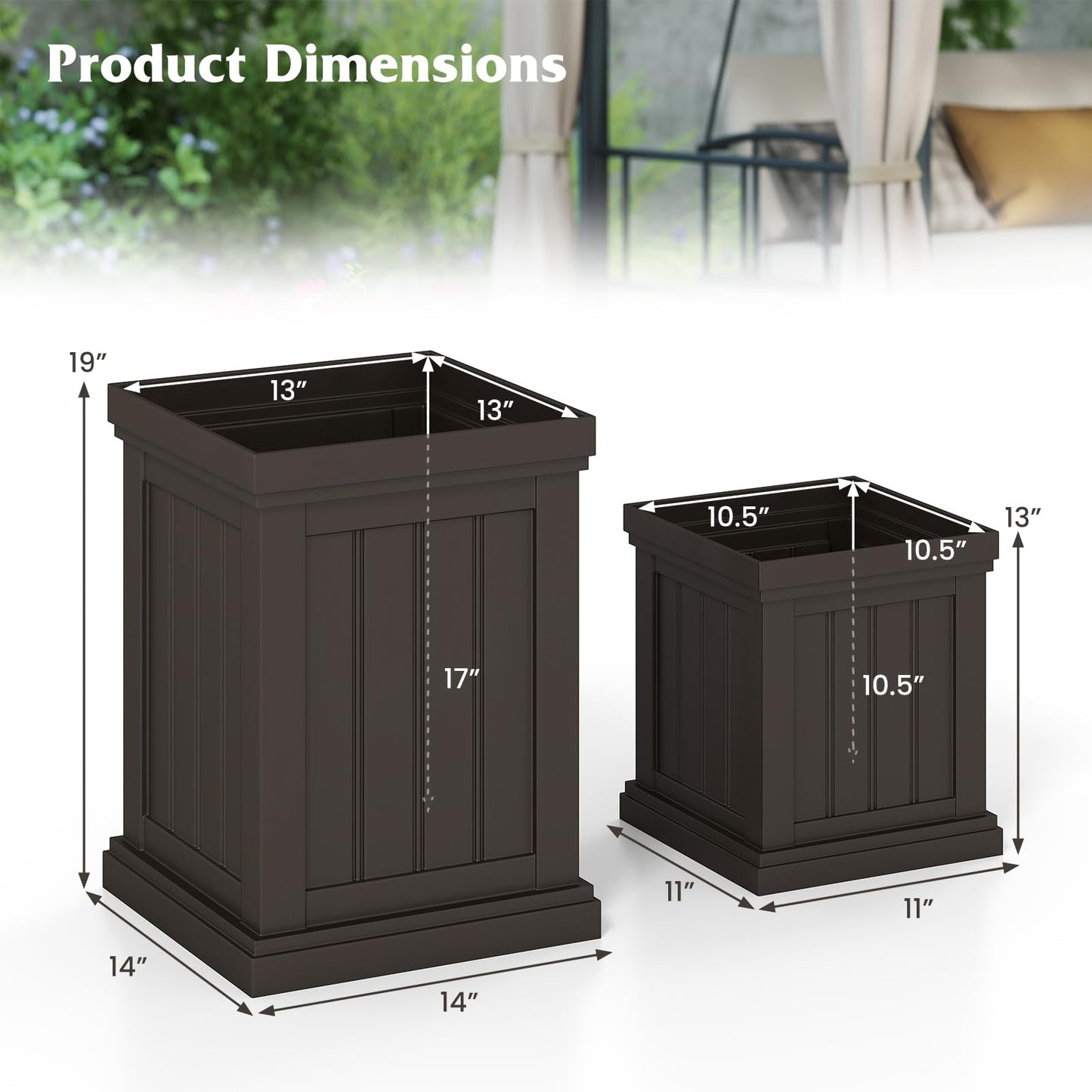 Giantex Square Plastic Planters Set of 2, 19" Large & 13” Small Flower Pots with/Drainage Holes & Nesting Design, Indoor Outdoor Decorative Plant Containers for Front Porch Home Garden Patio (Brown)