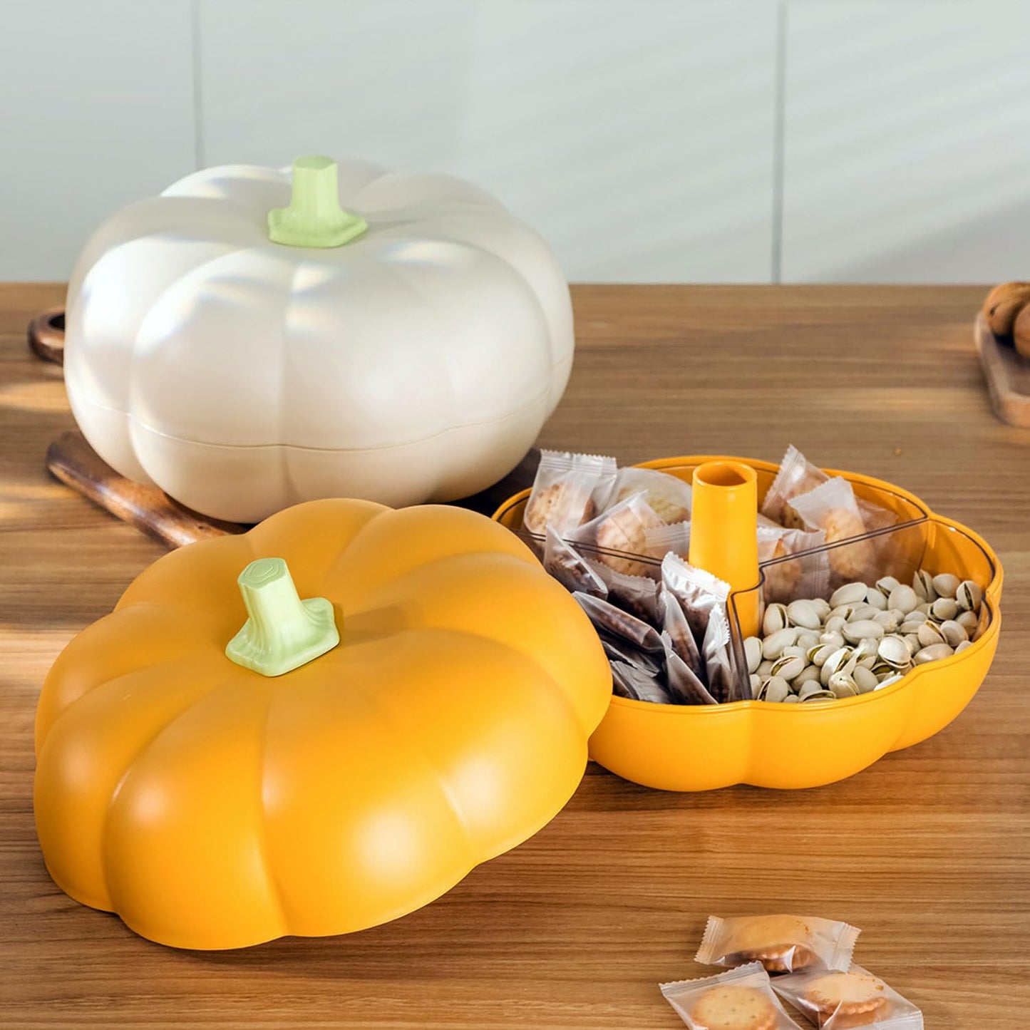FYUEROPA Big Pumpkin Snack Holder with Lid, Double Layer Serving Container with 3 Divided Compartments, Candy Fruit Nut Tray, Snack Bowl (Orange)