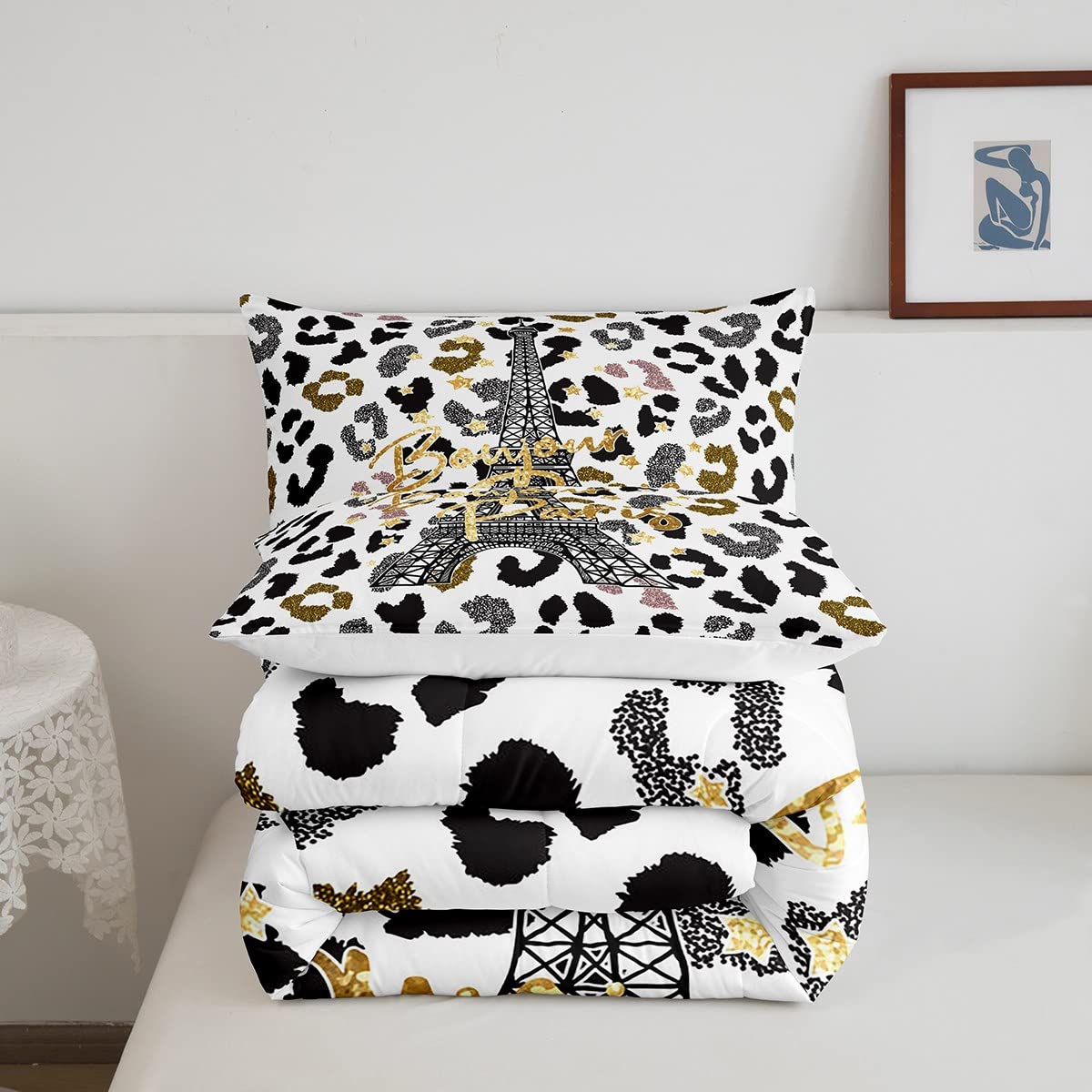 Feelyou Eiffel Tower Comforter Set Leopard Print Bedding Set for Kids Boys Girls Paris Tower Comforter Cheetah Print Quilt Set 1 Comforter Set with 2 Pillowcases Queen Size