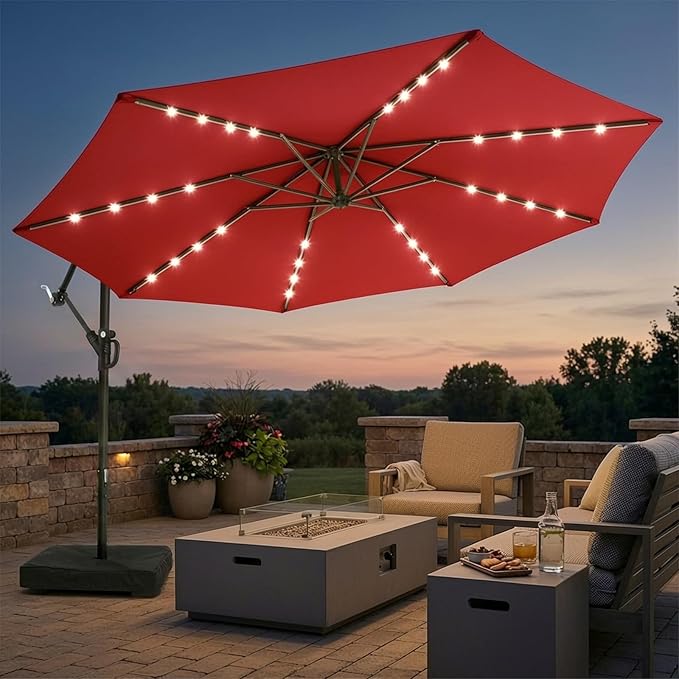 wikiwiki 10ft Solar LED Patio Umbrella with Base Included, Offset Umbrella with Weighted Sandbag Base, Cantilever Patio Umbrellas for Backyard, Garden & Deck, 32 LED Lights & Polyester Shade, Red