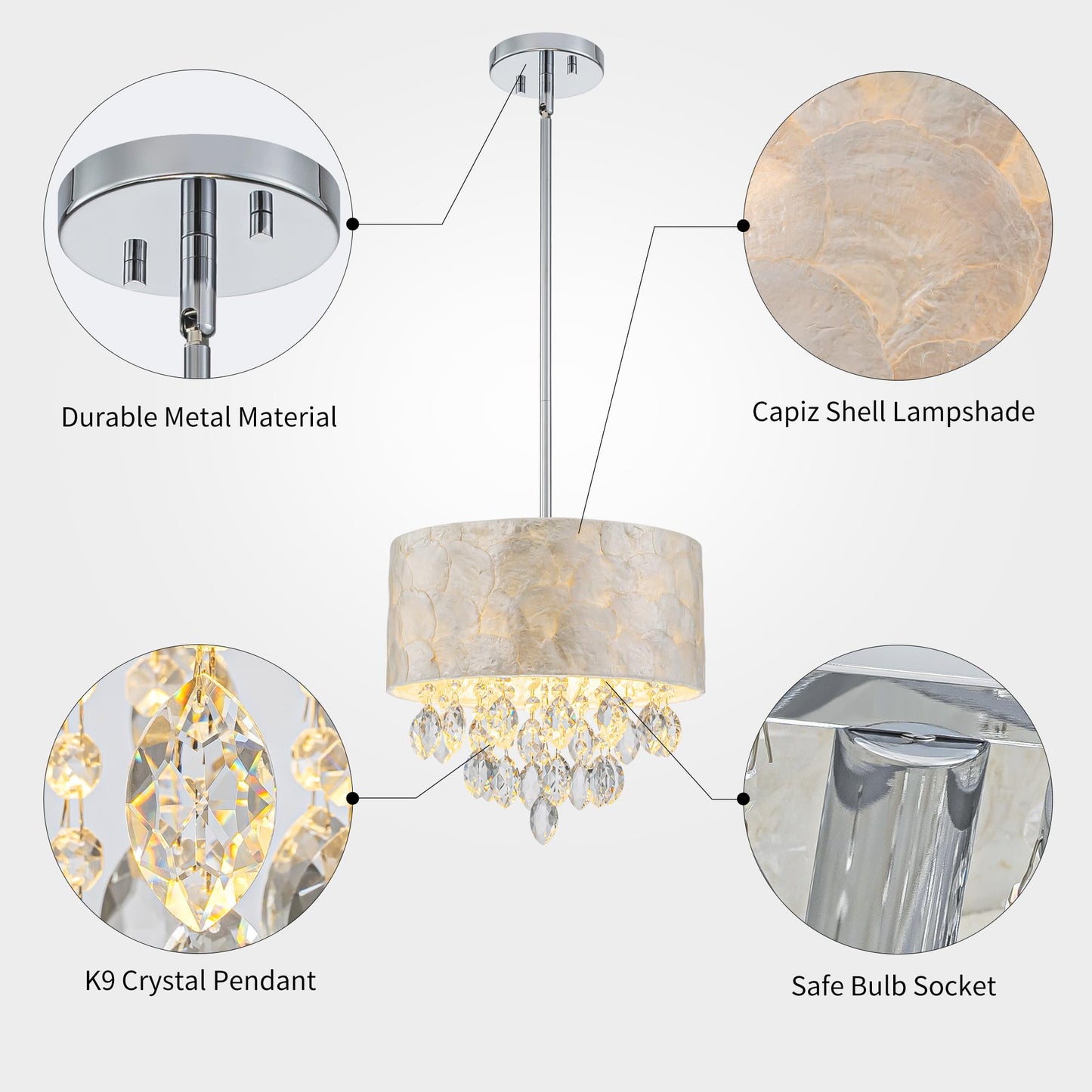 Pine Flicker 3-Light Drum Capiz Shell K9 Crystal Chandelier, Coastal Style Pendant Light Fixture for Dining Room, Living Room, D12 * H19~49 inch (Adjustable), Clear Crystal & Chrome Finish Frame