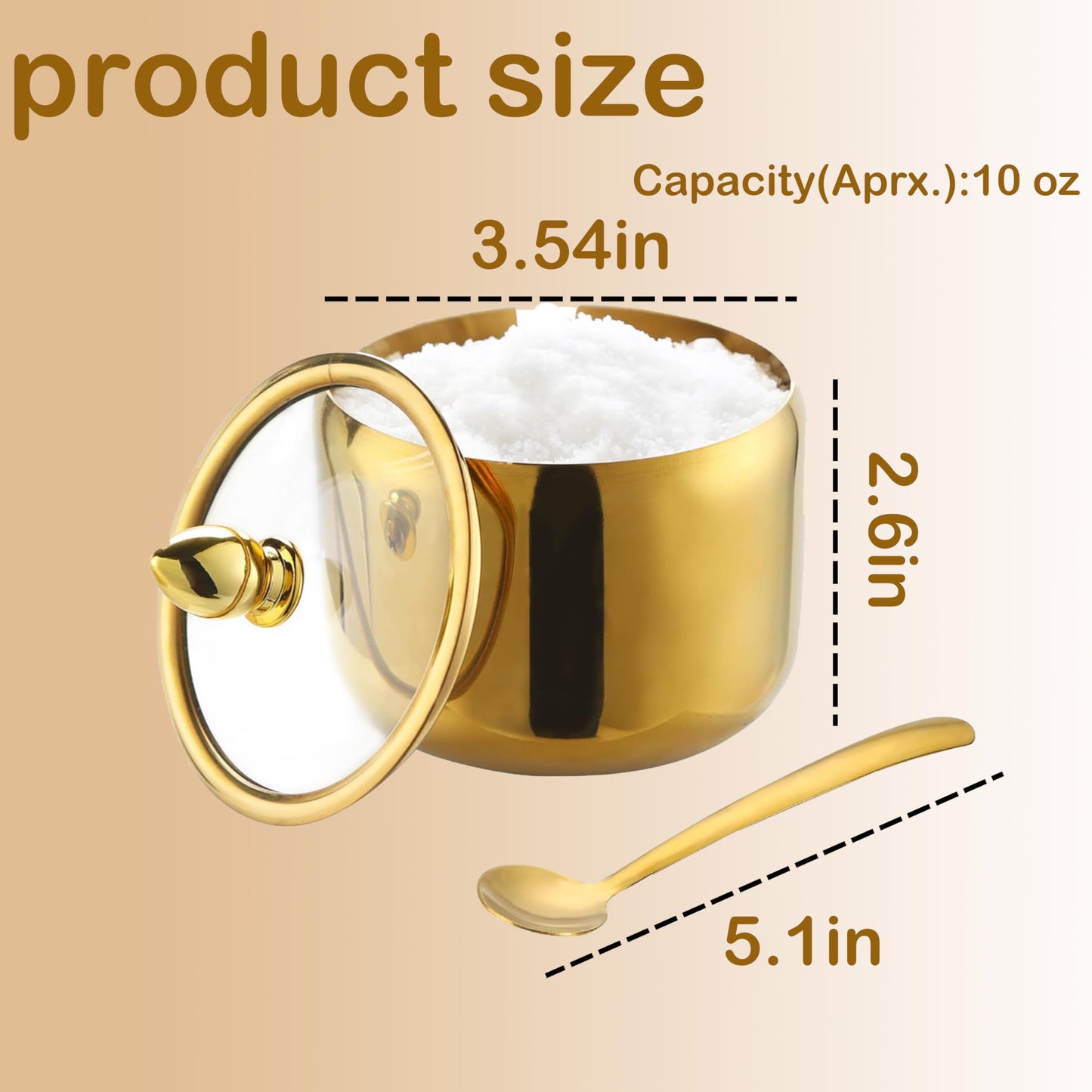10oz Sugar Bowl 2-Pack with Lid|Gold coffee bar sugar container, includes 2 stainless steel canisters with clear lids. This Suitable for kitchen countertop, seasoning storage, and stylish home decor.