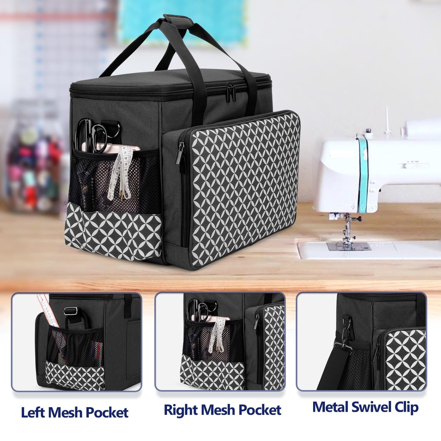 Yarwo Sewing Machine Carrying Case with Bottom Wooden Board, Universal Sewing Machine Bag Compatible with Most Major Sewing Machine and Accessories, Black with Oval Pattern