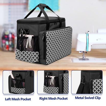 Yarwo Sewing Machine Carrying Case with Bottom Wooden Board, Universal Sewing Machine Bag Compatible with Most Major Sewing Machine and Accessories, Black with Oval Pattern
